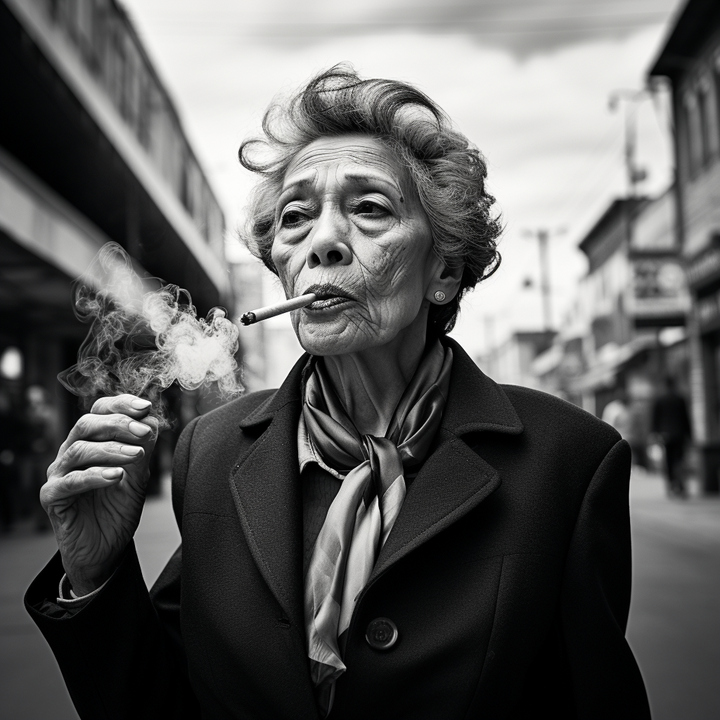 Black and white vintage photograph Asian woman smoking in NYC street