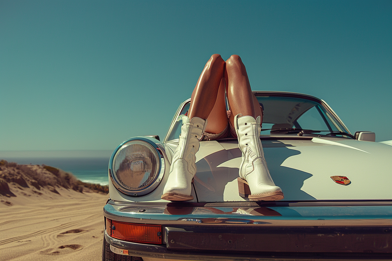 Girls legs hanging outside of porsche