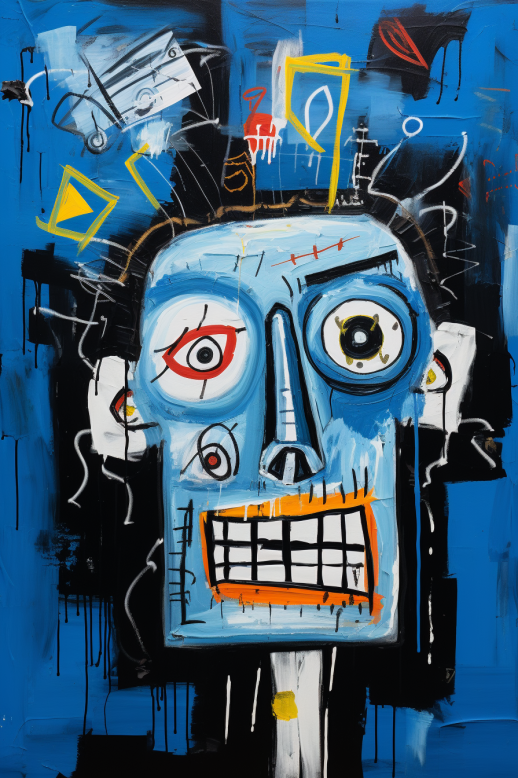 Blue self portrait in the style of Basquiat