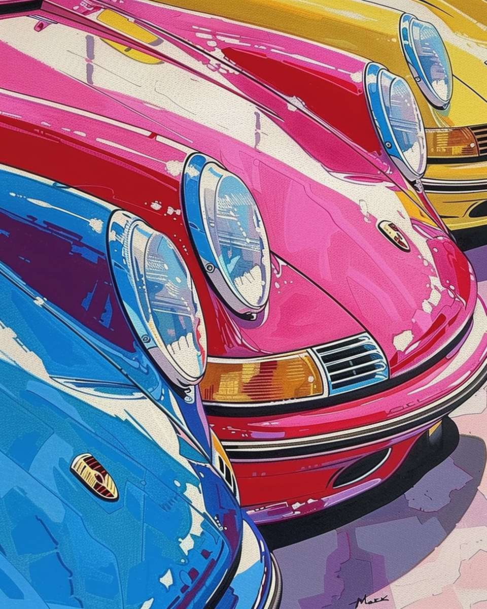 Colourful porsches zoomed in oil paint