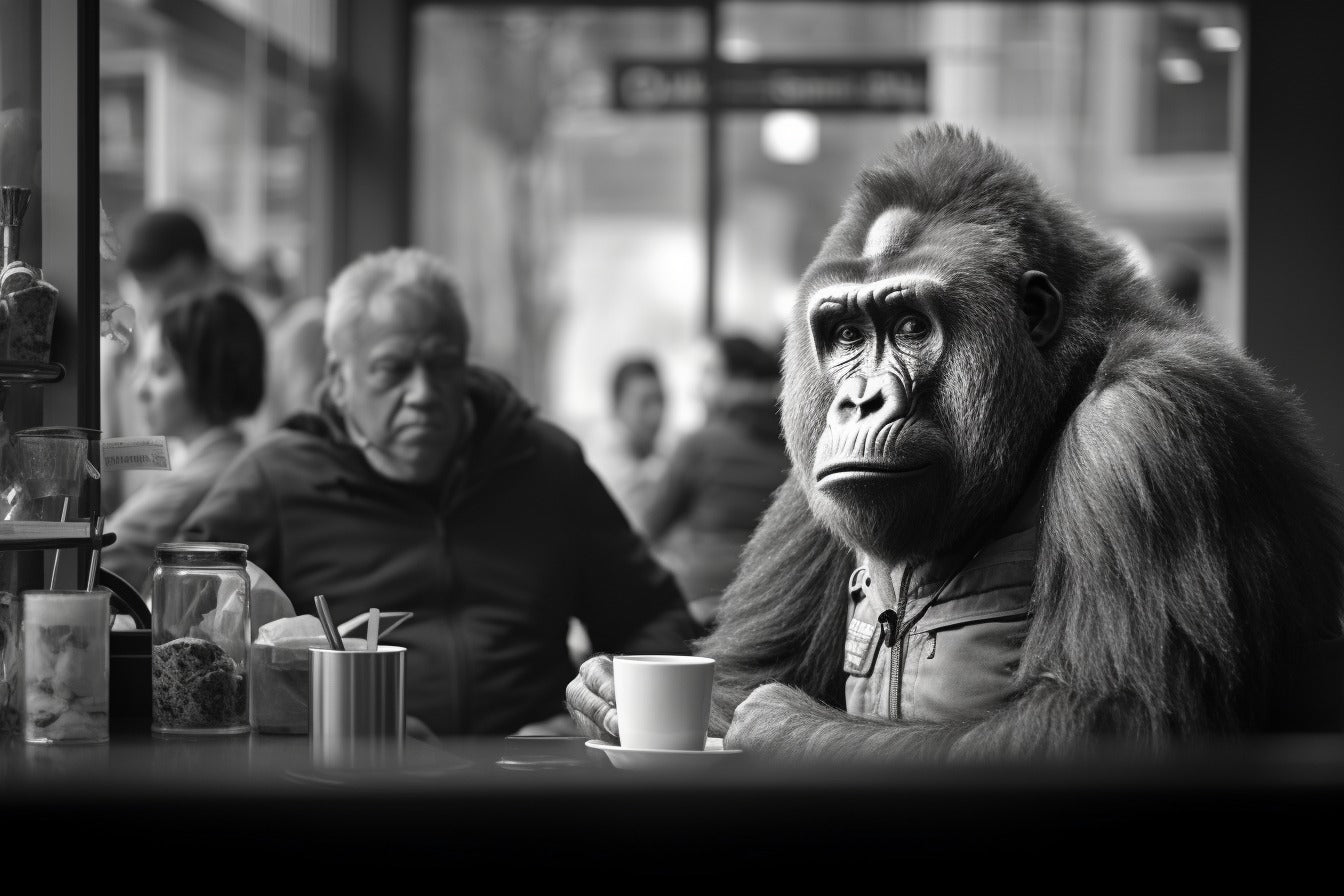 Black and white gorilla sits in cafe next to man