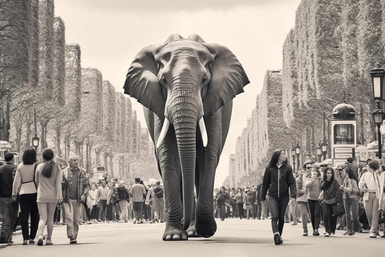 Black and white elephant walking in city